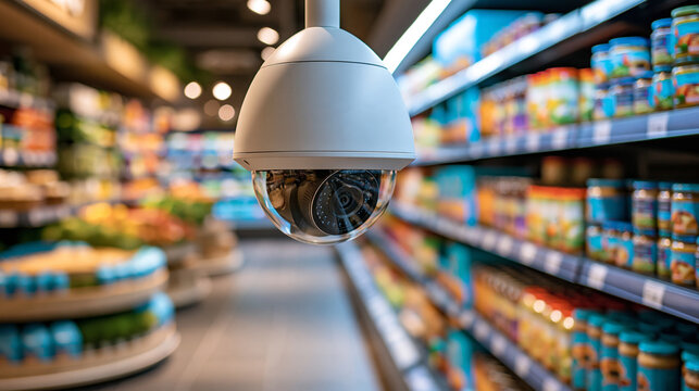 Modern supermarket security camera overlooking organized retail aisles, smart retail security, surveillance technology, loss prevention, AI monitoring, supermarket management,