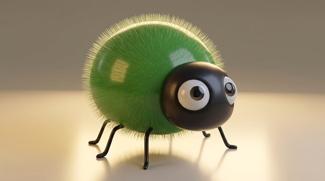 Cute furry green bug character, 3D render small insect mascot, cartoon creature design with big googly eyes for gaming and animation