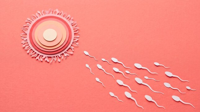 Paper cut fertilization concept with human egg cell and sperm cells, pink medical craft art background, reproduction and IVF concept photo