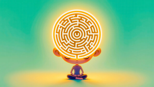 Overthinking concept, meditating person with maze for a head