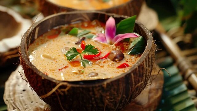 Spicy Thai Tom Yum Soup Served in a Coconut Shell with Orchid Garnish