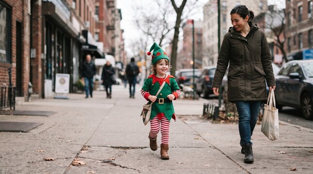 Joyful child in elf costume walks with mother on city sidewalk during winter