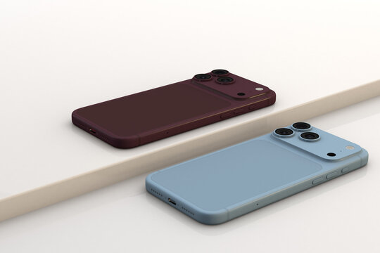 Phone 18 pro dual concept smartphones in blue and burgundy resting on white geometric surface