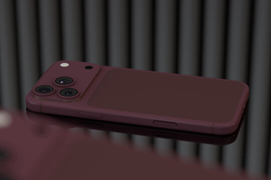 Phone 18 pro Burgundy smartphone back cover macro view on reflective surface
