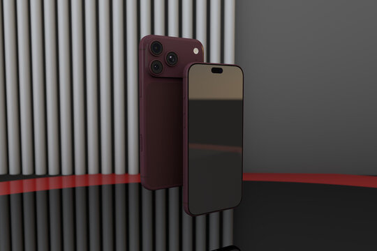Phone 18 pro Burgundy concept smartphone mockup floating in modern studio interior