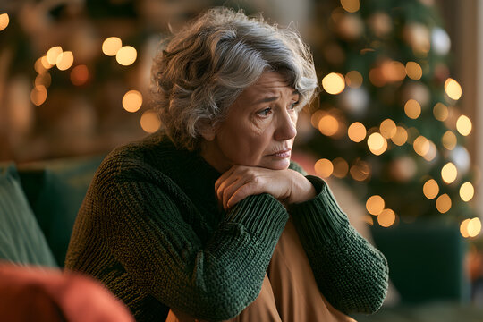 A senior woman, alone on the sofa near the Christmas tree, hugs her knees and seems lonely, feeling the weight of depression and solitude during the holiday season
