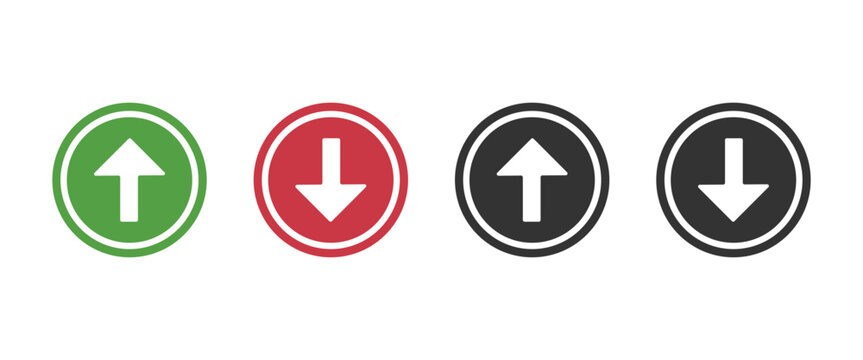 Up and down arrow icon set featuring green, red, and grey circular buttons for web navigation, user interface design, and directional symbols.