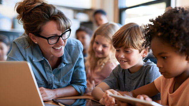 The educator leads a group of varied elementary pupils in a well-lit, contemporary classroom, using laptops and tablets, all engaged in digital learning and sharing smiles and ideas