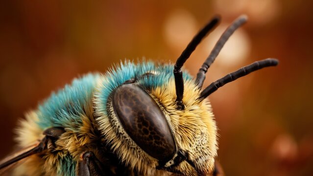 Extreme macro close up of a blue banded bee showing detailed fuzzy