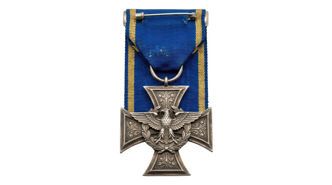 Silver medal with blue ribbon for military award and recognition.