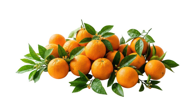 Pile of fresh oranges with leaves and blossoms for healthy eating.