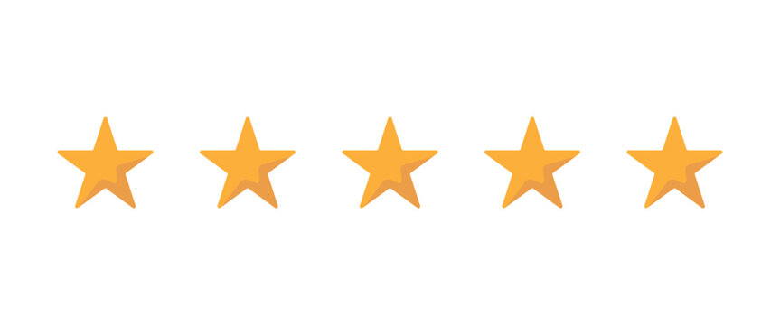 Five gold star rating icons in a row for customer feedback, review evaluation, quality ranking score, and service excellence visual symbol.