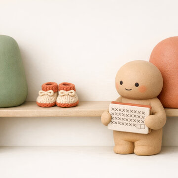 Clay figure holding a calendar crossed out day by day beside knitted baby booties on a shelf, waiting for a baby, trying to conceive and infertility concept