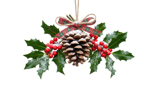 Christmas ornament with pine cone, holly berries, and green leaves, dusted with snow