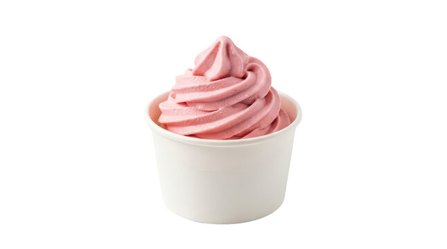Pink frozen yogurt served in white paper cup for dessert advertising and food product photography