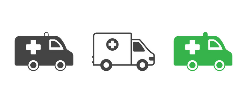 Emergency ambulance vehicle vector icon set, featuring flat, outline, and green colored designs for medical services and healthcare, ambulance vector illustration.