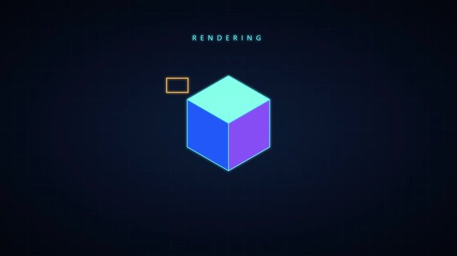 Digital rendering progress bar with 3D cube wireframe. Geometric loading animation sequence. Glowing cyan vector graphics on dark blue background
