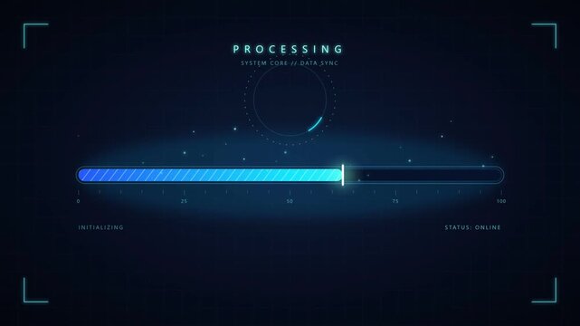 Digital data processing loading bar animation. Futuristic cyber security HUD interface. Blue progress indicator with glowing particle effects