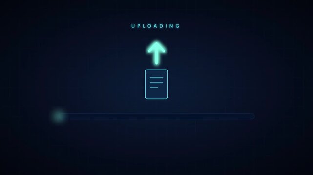 File uploading progress bar animation stock video footage. Glowing document icon with upward arrow and loading bar on dark futuristic grid background