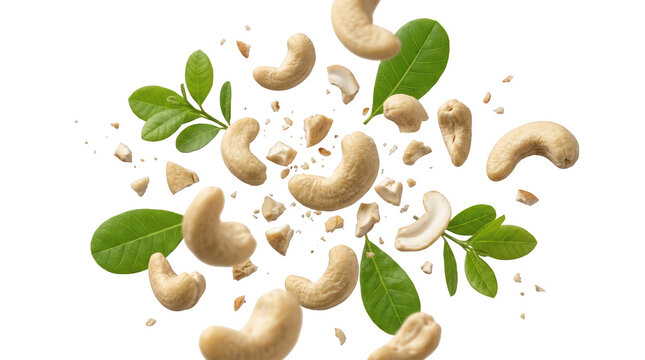 Fresh raw cashew nuts and green leaves with scattered pieces for healthy snack design
