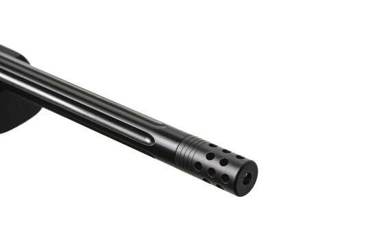 Rifle barrel with muzzle brake isolated on white back