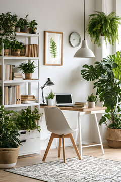 The inside of the office space, featuring work areas, storage shelves, and potted plants