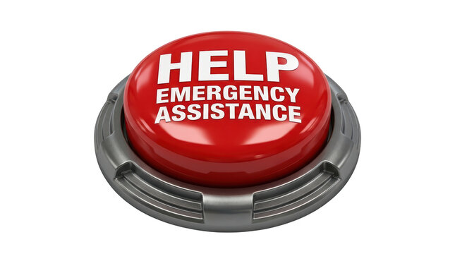 Red emergency assistance help button with silver frame for safety warnings and user alert systems