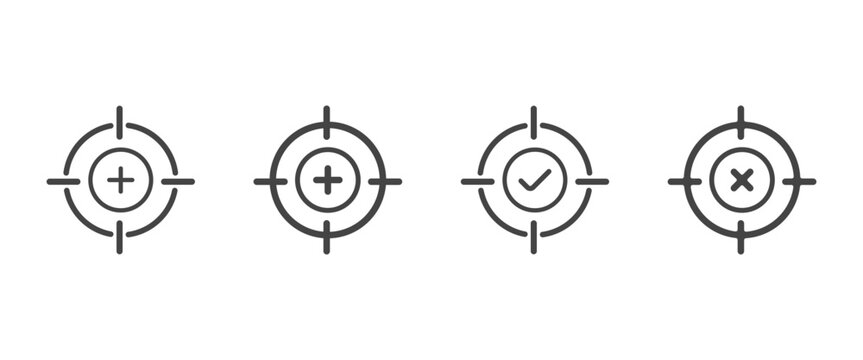 Set of vector target icons with crosshairs, plus signs, check mark and cross symbols for strategy, gaming, archery, aiming and success concepts.