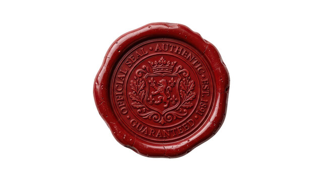 Red wax seal with an authentic official guarantee stamp isolated against transparent background