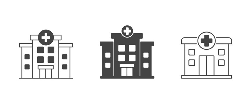 Set of vector hospital building icons with medical cross symbols in flat outline and solid styles, hospital building silhouette, hospital building vector.