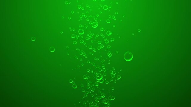Animation of soda bubbles in water isolated on chroma key green background, rising underwater bubbles motion graphics, suited for subtle underwater effect, slow rising air bubbles, 4k loop animation