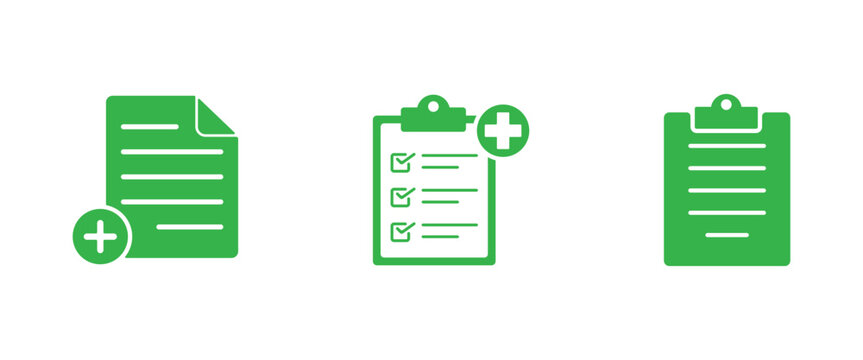 Green medical document and clipboard icons set featuring checklist tasks and plus sign symbols isolated on a white background vector graphic.