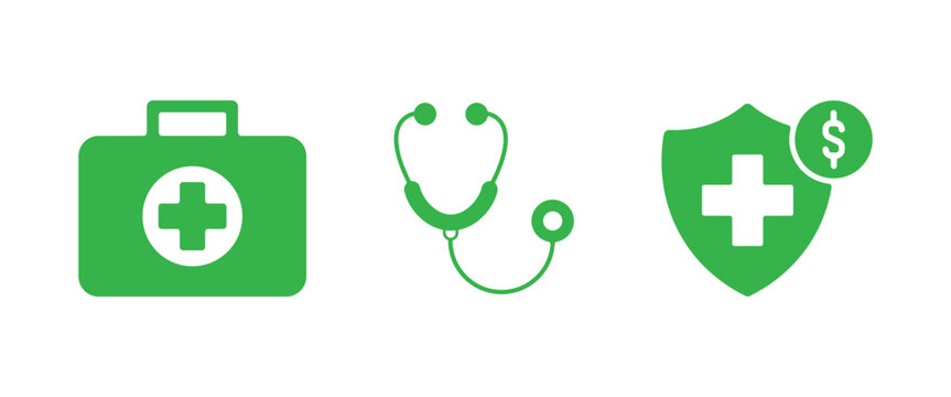 Green medical and healthcare vector icons set featuring a first aid kit, a clinical stethoscope, and a health insurance shield symbol graphic