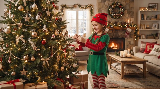 Young girl dressed as an elf decorating a Christmas tree in a cozy living room with a fireplace
