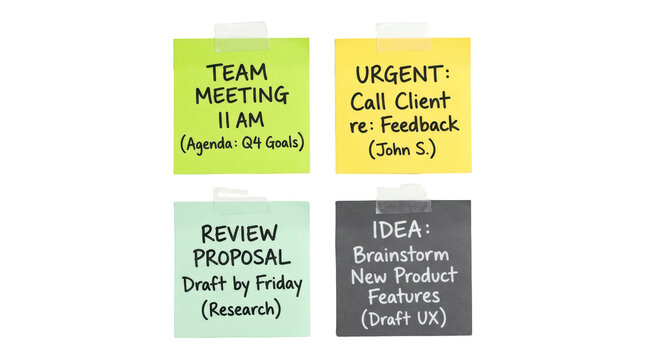 Four adhesive sticky notes in assorted colors with handwritten business reminders on isolated background