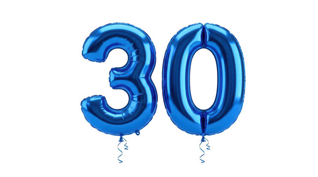 Blue metallic balloon numbers thirty isolated on transparent background for anniversary event decor