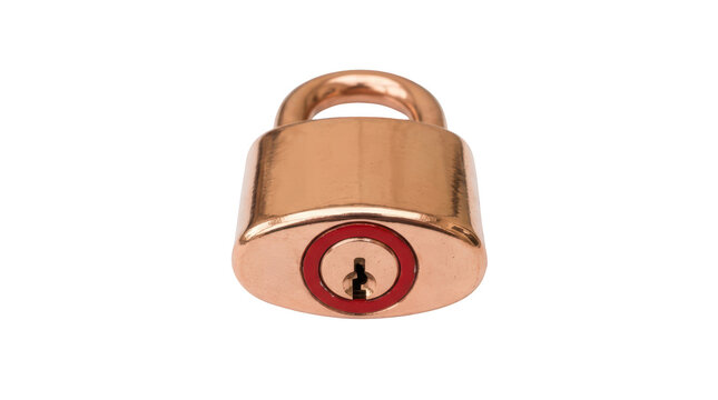 Copper padlock closed with red ring detail isolated on transparent background for security concept