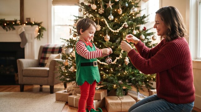 Mother and child decorating Christmas tree together in cozy living room with presents and fireplace
