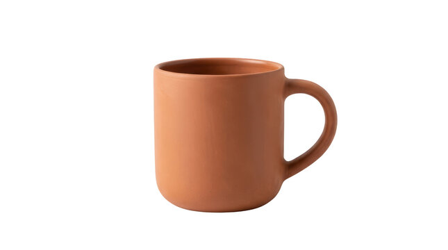 Terracotta clay mug with handle for hot beverages like coffee or tea isolated on transparent background.