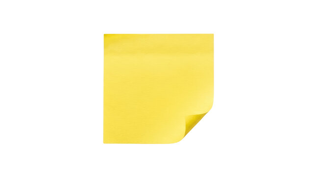 Yellow sticky note paper with curved corner for reminders and messages isolated on transparent background.