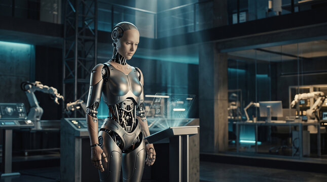 artificial intelligence cyborg standing by digital screen indoors