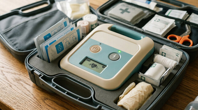 emergency defibrillator in medical kit case for first aid