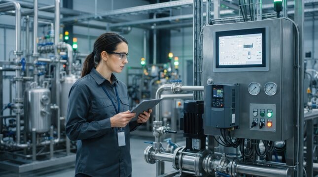 Industrial engineer inspecting pumps, selector valves, pressure gauges, and a variable frequency drive in a modern process control room.