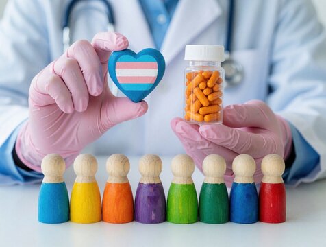 Doctor in pink gloves holds blue heart with transgender flag, medicine bottle with orange pills. Rainbow wooden figures stand in row on table. Medical care for gender transition, hormone therapy,