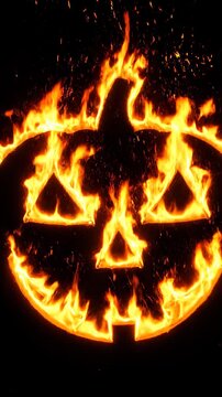 Flaming jack-o'-lantern pumpkin silhouette on fire against black background, lock down shot