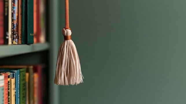 Wide shot of bookmark tassel swinging like a climber descending a rope between two tall book towers. Humorous library photo for reading blogs.