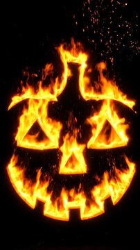 Flaming jack-o'-lantern pumpkin silhouette burning with bright orange fire on black background