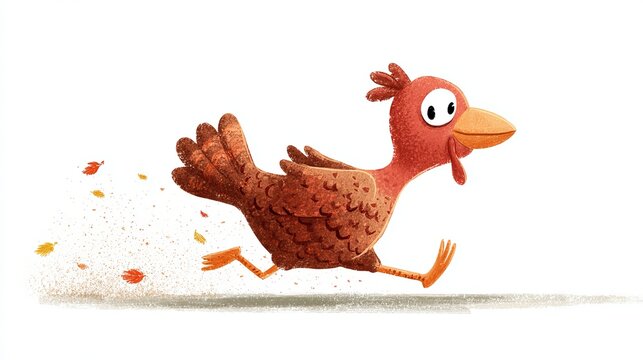 Funny cartoon turkey running fast in autumn with falling leaves in bright digital illustration style