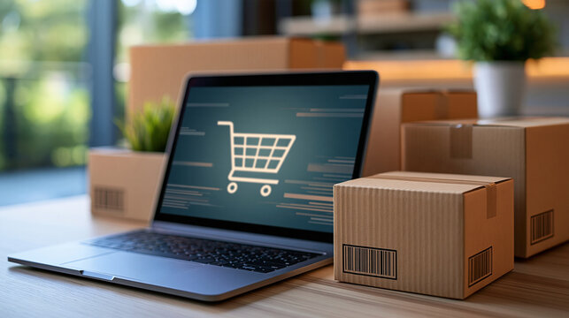 Laptop showing online shopping products beside cardboard delivery packages, ecommerce fulfillment, digital retail, home delivery, online marketplace, product purchasing, logistics