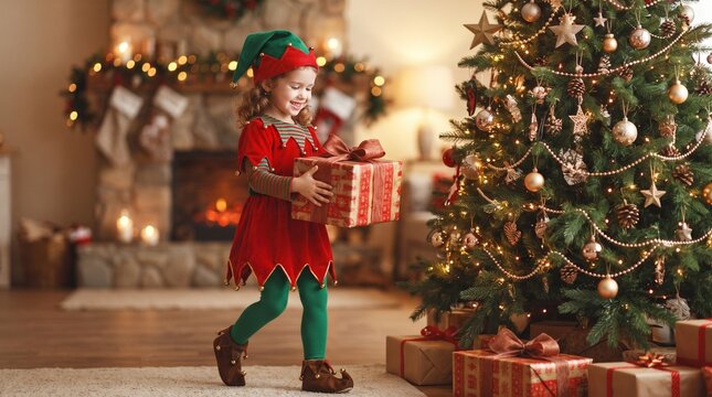 Joyful little elf girl holding a Christmas gift near a decorated tree and fireplace